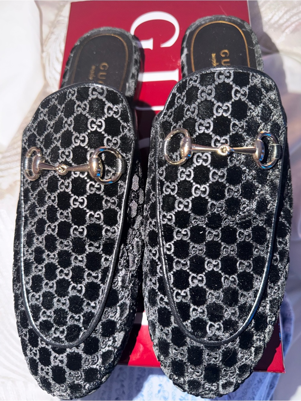 Gucci Black GG Velvet Slip-On
Mules with Gold Horsebit size 39